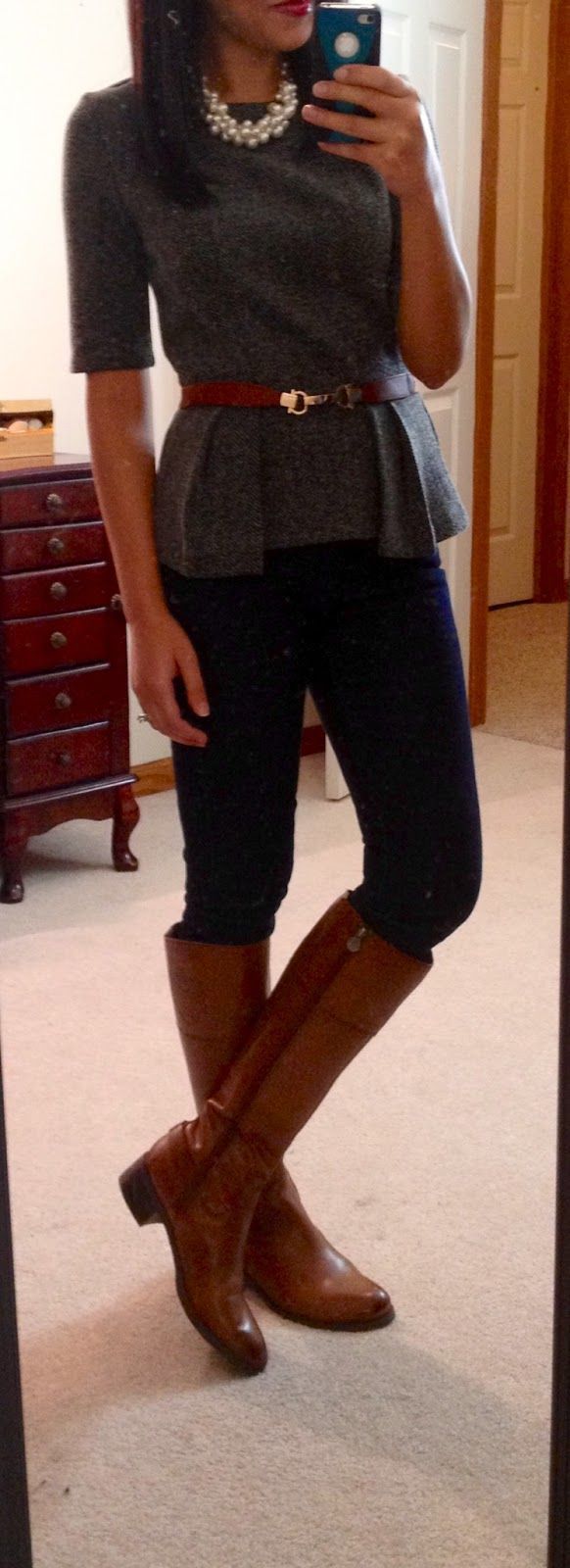 tweed peplum shell, skinny jeans, riding boots