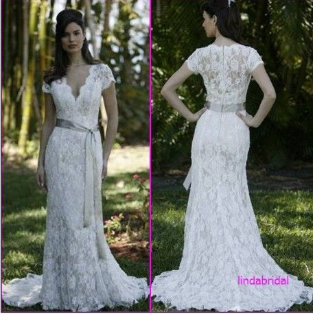 2012 V Neckline Short Sleeve White Lace Wedding Dress