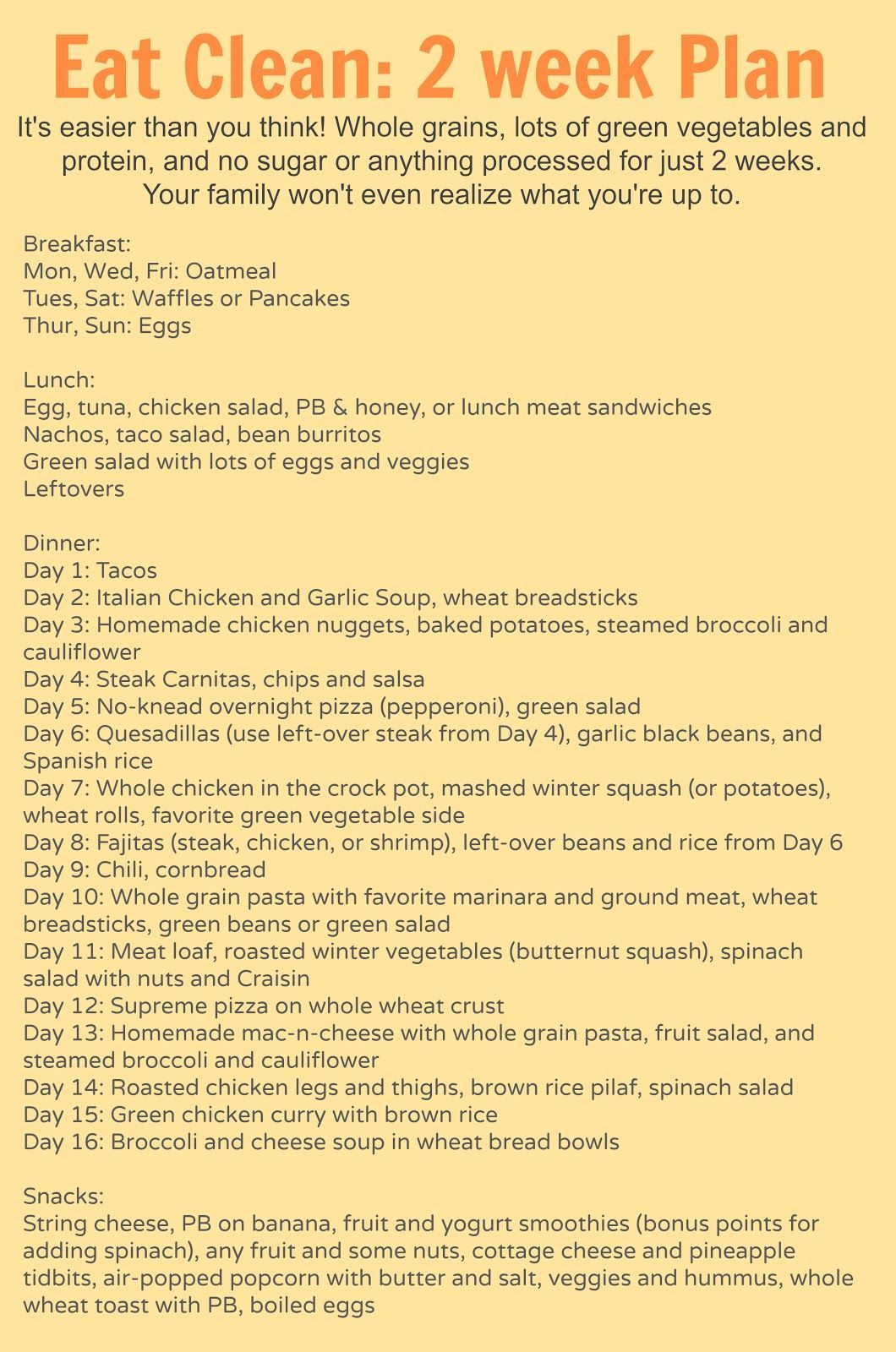 2 weeks worth of meal plans (breakfast, lunch, dinner, and snacks) with recipes