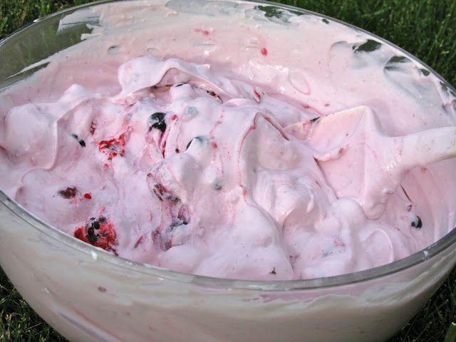Berries and Cream: frozen mixed berries, a tub of Cool Whip, a container of yogu
