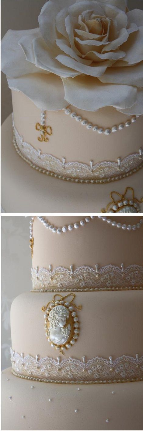 Cameo, lace and pearl vintage wedding cake