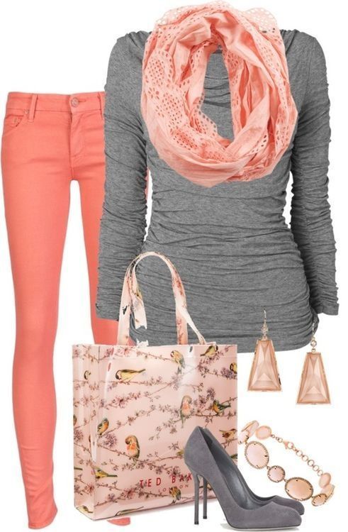 Coral grey outfit- Love these colors!