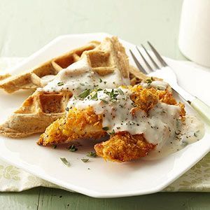 Crispy Chicken Tenders and Savory Waffles with Herb Gravy