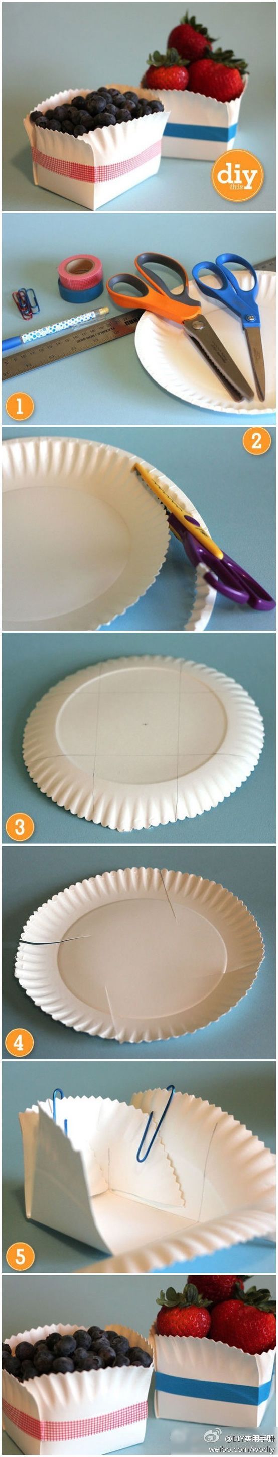 Cute way to make little snack boxes with paper plates. You can customize the col