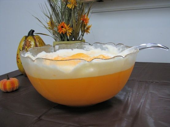Dreamsicle Punch – 1 Quart Orange Sherbet; 1 Quart Vanilla Ice Cream; 1 Liter Of