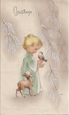 Free Printable Vintage Christmas Card – Child with Bird  ~  HOooow sweet !!