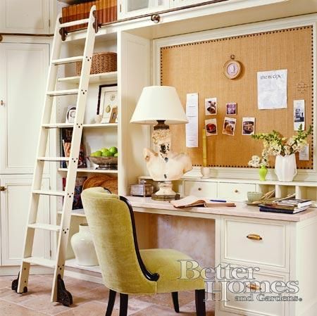 Love the small office design with the ladder system, and a great DIY Corkboard I