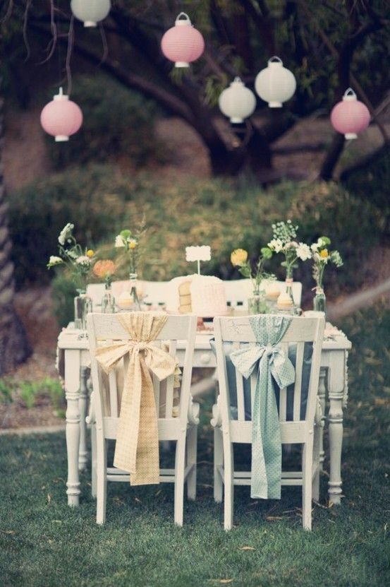 Mint and pale yellow chair bows with paper lanterns. Beautiful setting for a cos