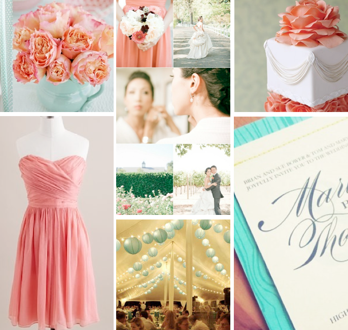 My inspiration board from all that is found here! Coral and Aqua Blue Wedding In