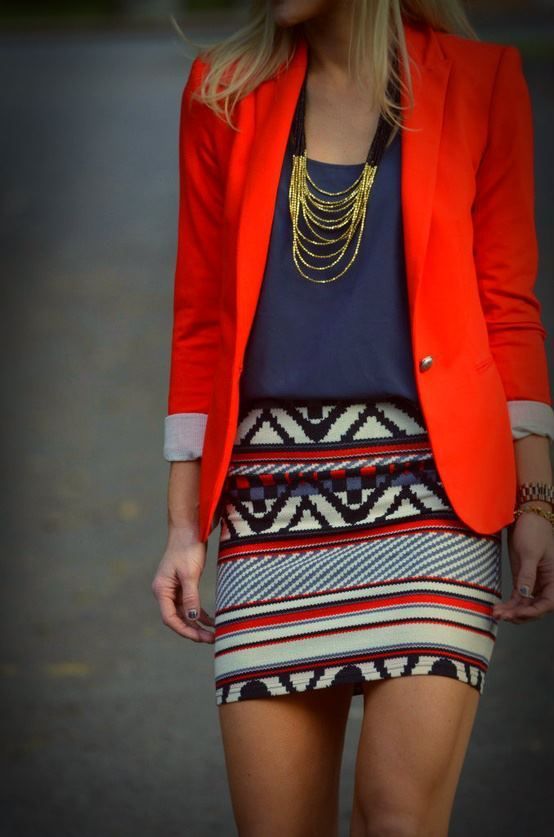 Orange Blazer with Printed Skirt