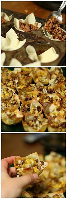 Perfect for football season!!! Mini tacos: Won ton wrappers in muffin tins. Fill