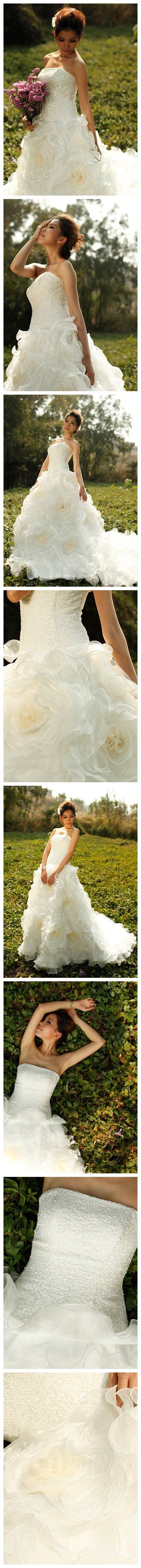 Shiny Sequin Romantic Organza Full Rose Flowering Wedding Dress