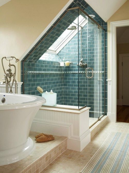 Shower in sunshine, in the rain or under the stars. Also love the tile..