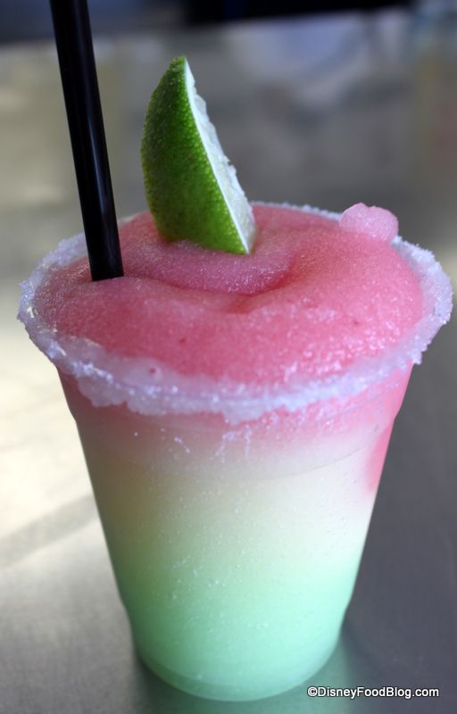 Stoplight Margarita — a mixture of strawberry, golden, and melon frozen ma