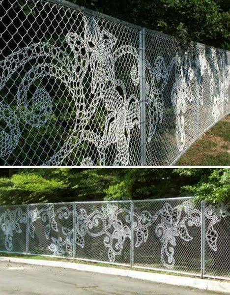 Turn a boring chain link fence into a work of art.  Artist Katie Daniels did thi
