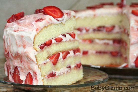 Vanilla cake with strawberry cream frosting.