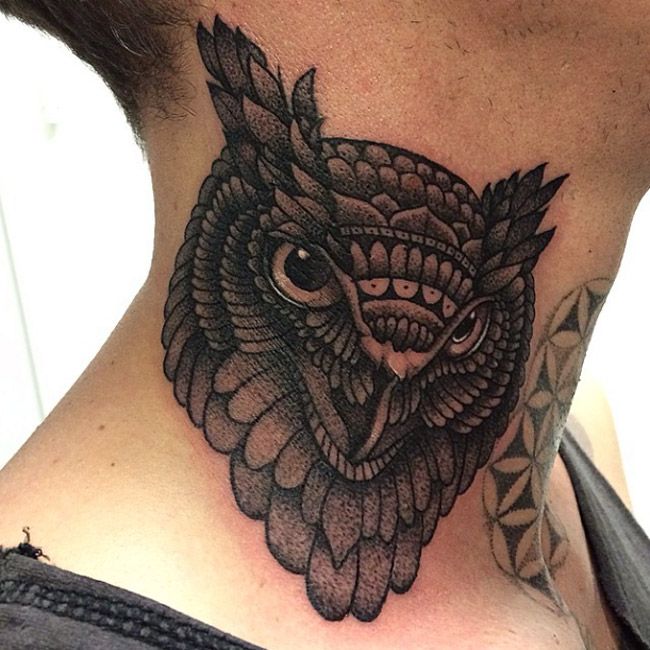 Amazing Owl neck tattoo done at White Rabbit Tattoo , NYC -   owl tattoos