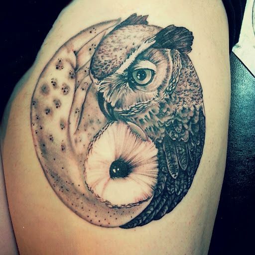 Yin Yang Owl Tattoo On Left Thigh -   owl tattoos
