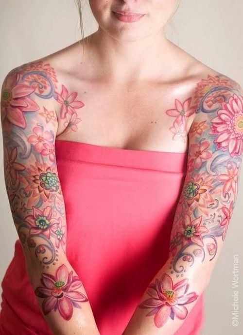 pink flower sleeve tattoos Floral Sleeve Tattoos