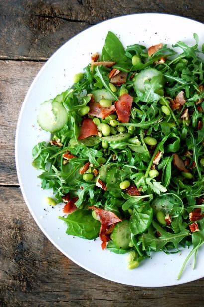 Arugula & Spinach Salad with Bacon, Cucumber, Edamame , Pecans, & fresh