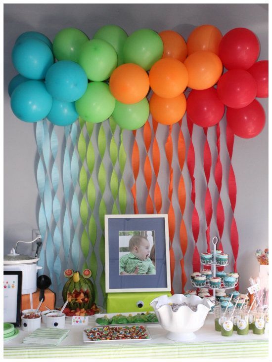 Cute idea for a party backdrop… streamers and balloons.