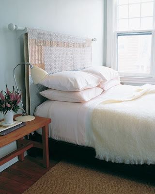 DIY Headboard.  Hang a quilt (or other blanket) from a curtain rod!  Lots more i
