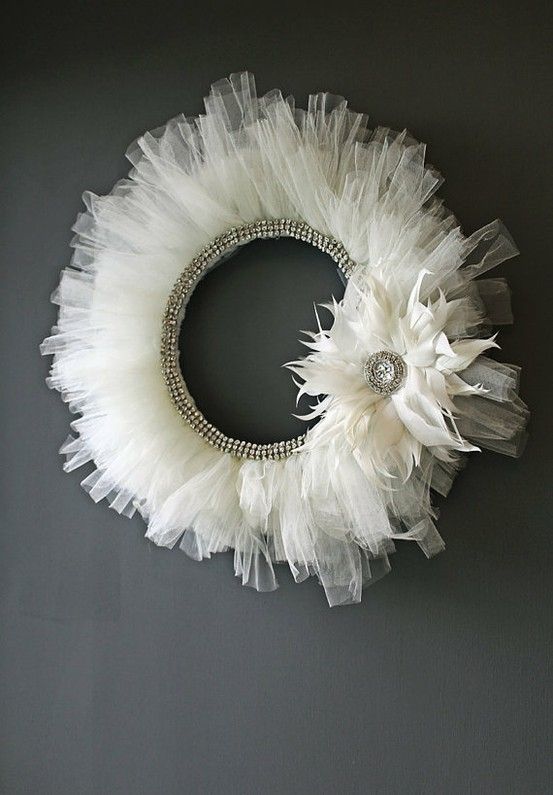 DIY Wreath – Handmade ivory tulle and rhinestones with feather accent. use diffe