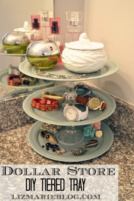 DIY dollar store tiered tray for the bathroom… can be used in any room for org