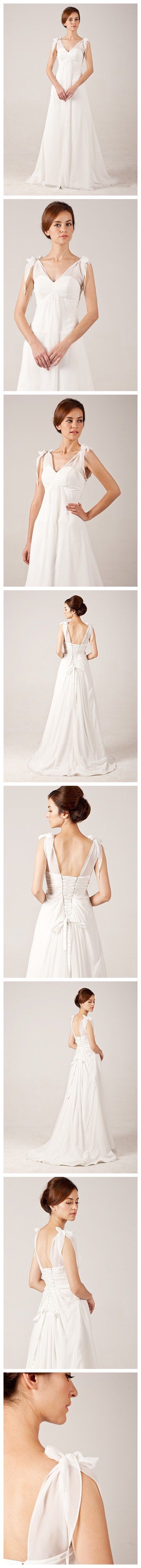 Graceful Simple V-neck Chiffon Wedding Dress with Bows On Shoulder