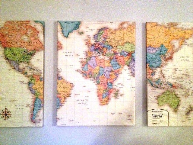 LOVE THIS IDEA: Lay a world map over 3 canvas, cut into 3 pieces. Coat each canv