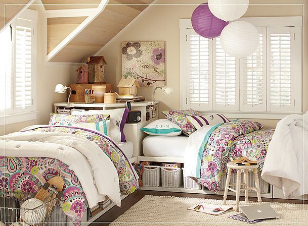Letting the girls share a room- this would be cute with the purple walls we have