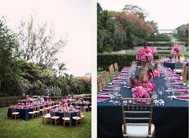 Love the navy table cloth, pink flowers and peacock feathers ♥