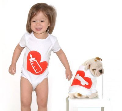 Matching onesies for baby and dog (heart bottle, heart bone)