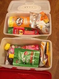 Old baby wipes container as a snack box for a long car trip – 1 for each kid Gre