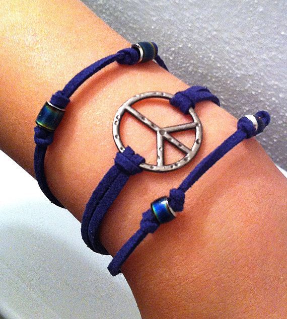 Peace sign and mood beads on navy blue leather by BeadingByJenn, $12.00  #peaces