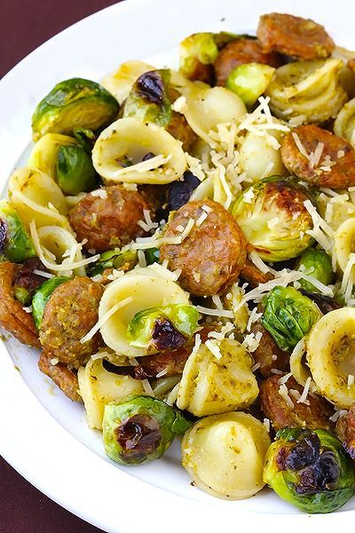 Pesto Pasta with Chicken Sausage and Roasted Brussel Sprouts