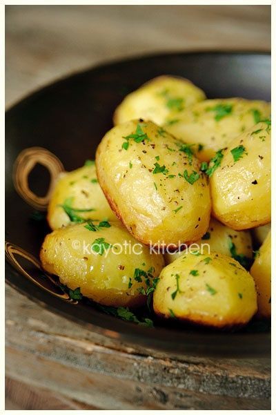 Potatoes baked in chicken broth, garlic, and butter. Crispy on the bottom, fluff