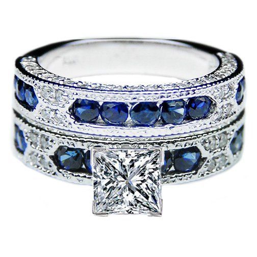 Princess Cut Diamond Vintage Engagement Ring Blue-Sapphire Accents & Matchin