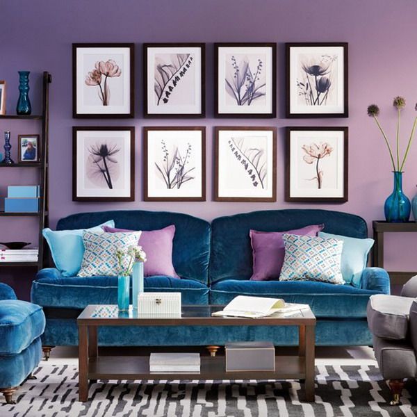 Purple Living Room Ideas with Blue Sofa Set