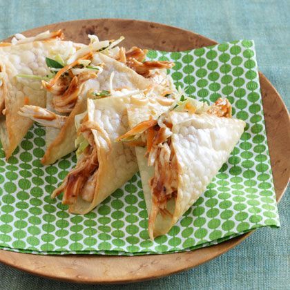 Sassy Wonton Tacos- these are made with shredded chicken, barbecue sauce, colesl