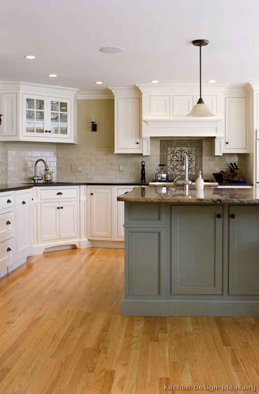 Traditional Two-Tone Kitchen Cabinets, gray and white w/ pearl subway tile Love