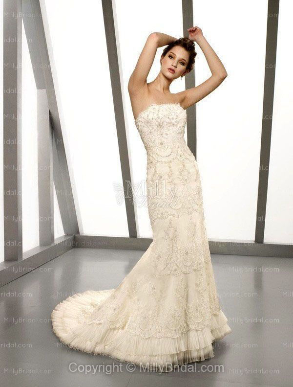 Trumpet/Mermaid Strapless Embroidery Lace Chapel Train Wedding Dress