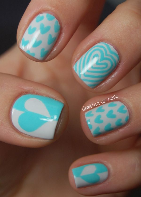 Turquoise & white heart nails