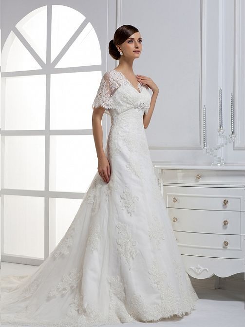 V-neck A-line fashionable bridal gown