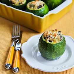 Vegetarian Stuffed Zucchini with Brown Rice, Black Beans, Chiles, Cheddar, and C