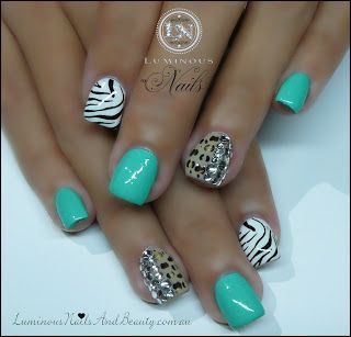 White, Nude, Green, Zebra & Leopard Print Nails with Crystals…
