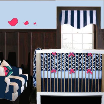White PInk and Navy Nursery for a Baby Girl with a baby chicks crib bedding set
