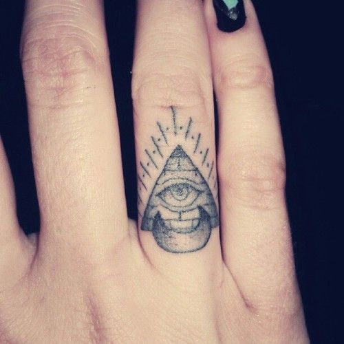 all seeing eye pyramid and crescent moon finger tattoo