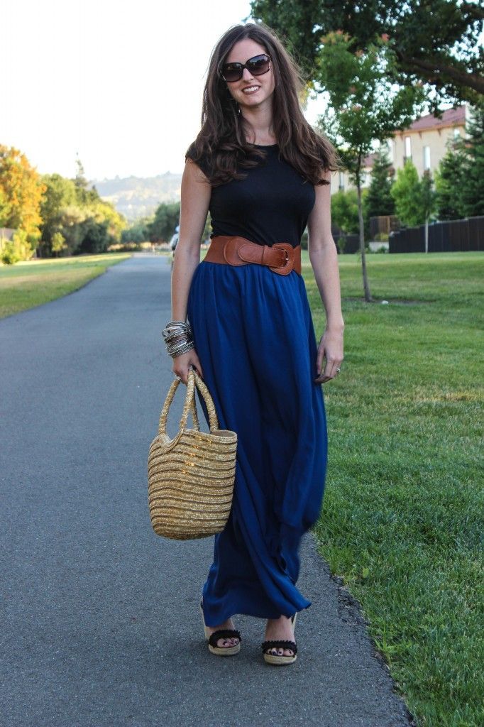 blue maxi skirt and tee..love minus the sandals.