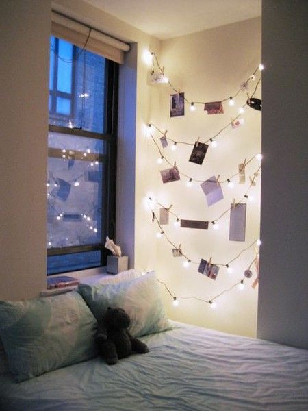 clip pictures to string lights… dorm room idea… maybe
